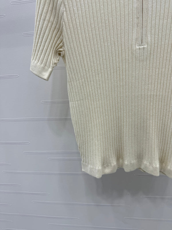 Moncle Beaded Lapel Knit Short-Sleeve Top Cream Tencel Cotton 255895