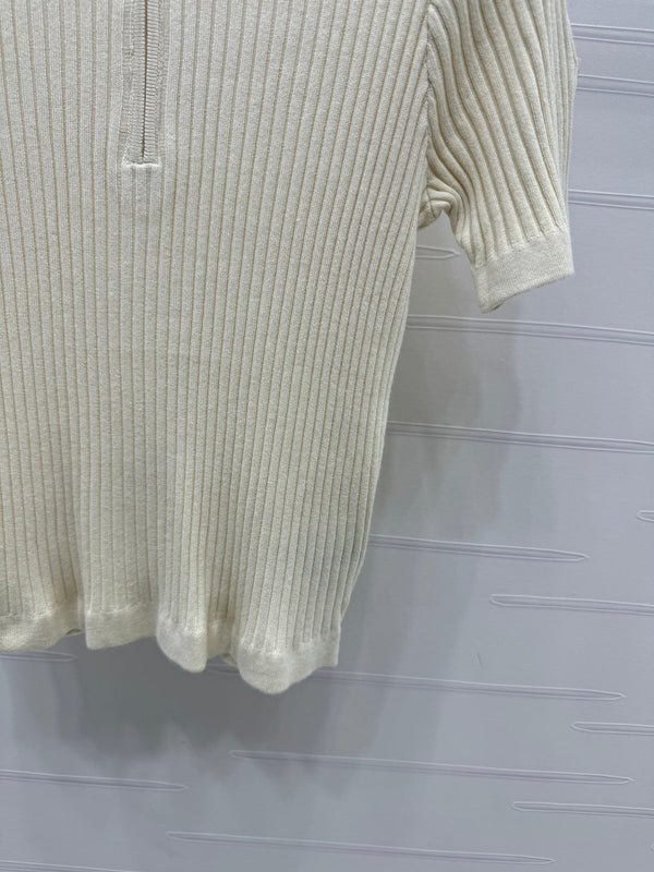 Moncle Beaded Lapel Knit Short-Sleeve Top Cream Tencel Cotton 255895