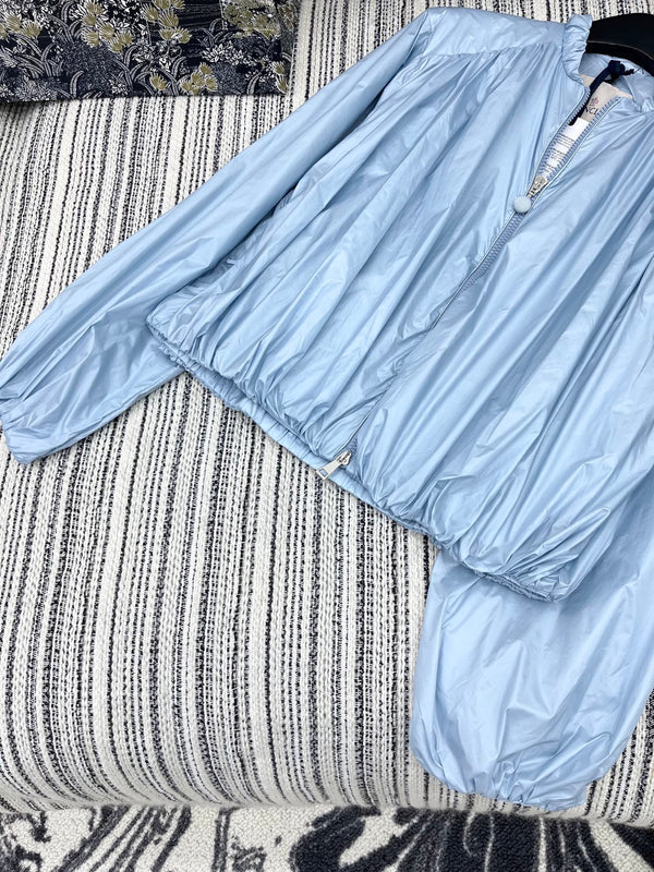 Giacca Moncle 25 con collo alto e doppia zip, blu cotone e poliestere 267975