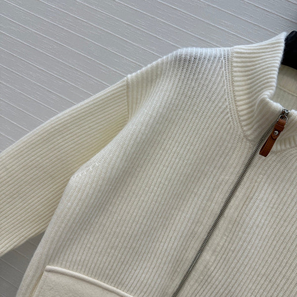 HM 25S Zipped Jacket H Leather Pockets in White Cashmere