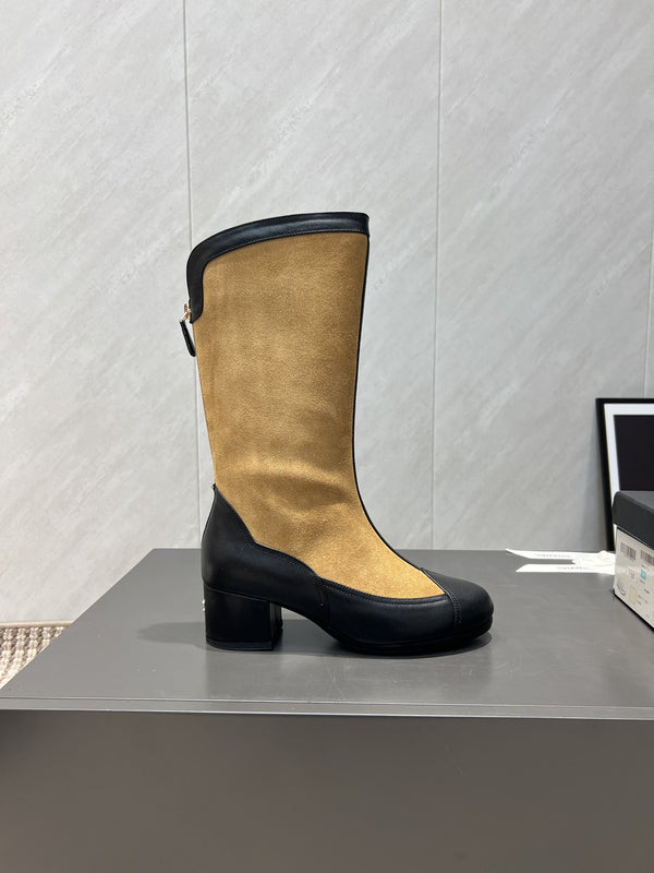 CC 25S Round Toe Mid-Heel Zippered High Boots in Brown Black Cowhide 442488