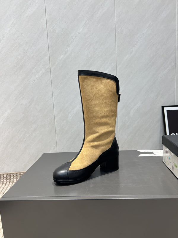 CC 25S Round Toe Mid-Heel Zippered High Boots in Brown Black Cowhide 442488