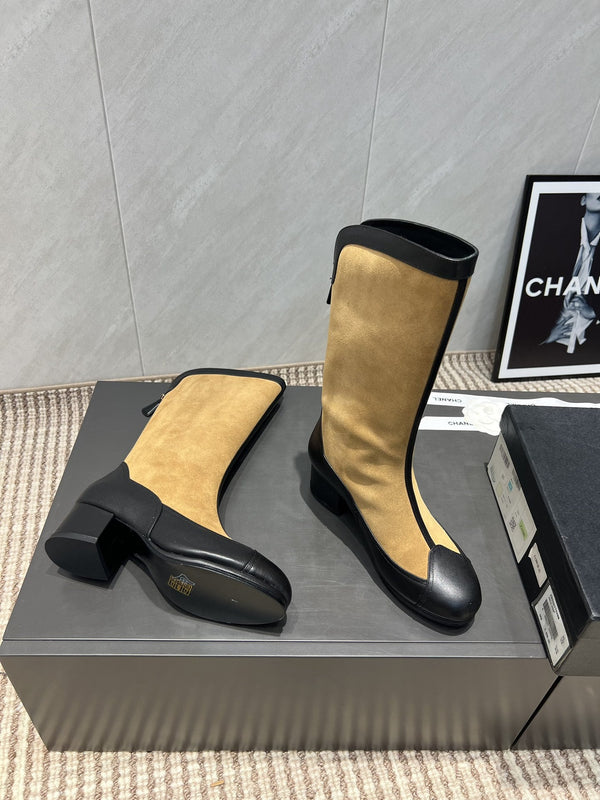 CC 25S Round Toe Mid-Heel Zippered High Boots in Brown Black Cowhide 442488