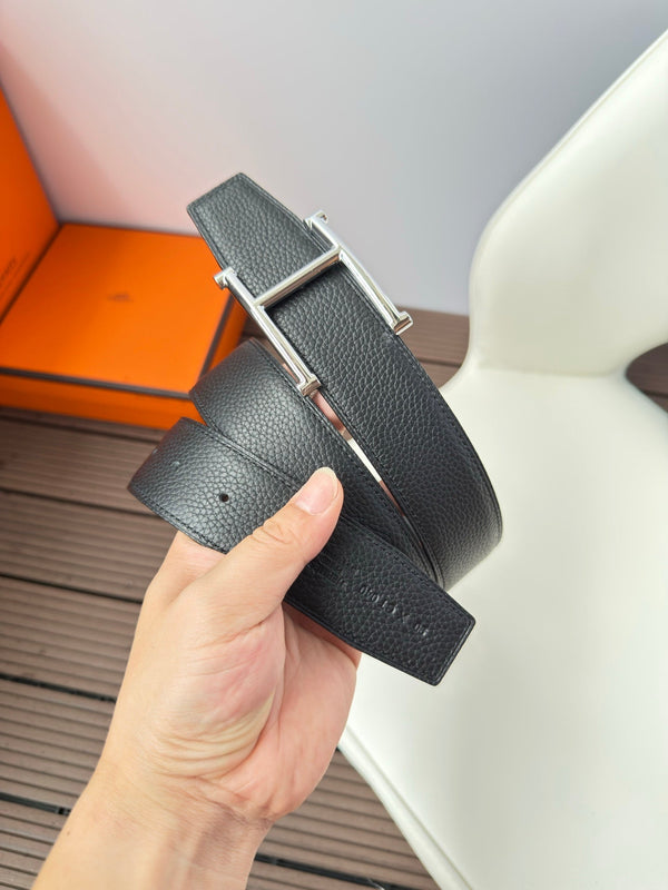 H JUMPING BELT 38MM SILVER BUCKLE & REVERSIBLE BLACK LEATHER