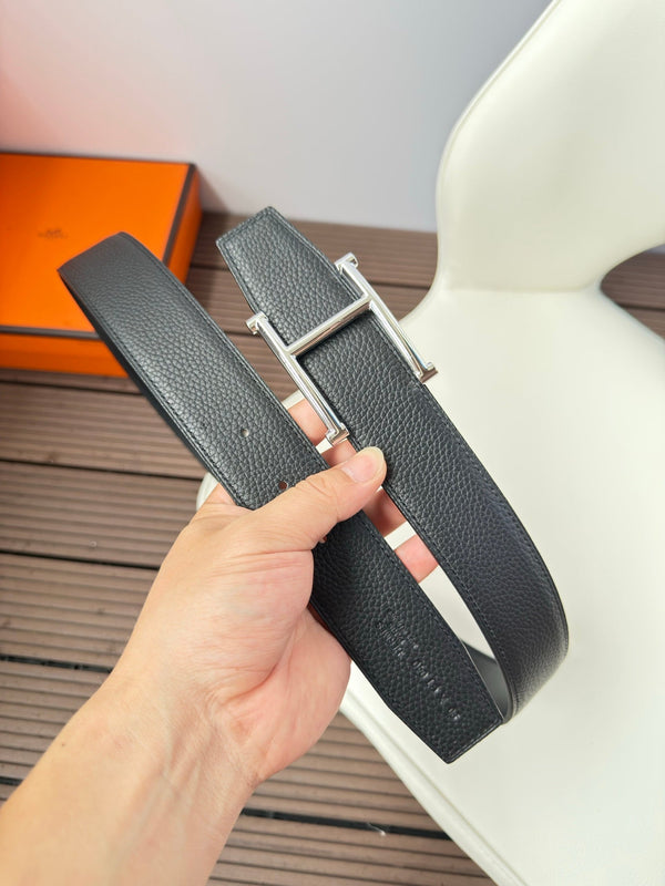 H JUMPING BELT 38MM SILVER BUCKLE & REVERSIBLE BLACK LEATHER
