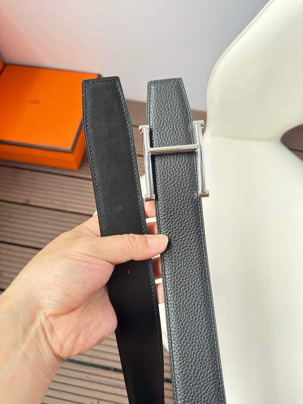 H JUMPING BELT 38MM SILVER BUCKLE & REVERSIBLE BLACK LEATHER