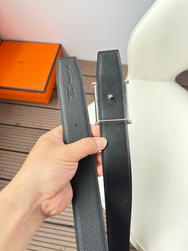 H JUMPING BELT 38MM SILVER BUCKLE & REVERSIBLE BLACK LEATHER