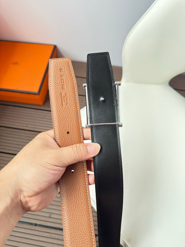 CINTURA DA SALTO H 38MM FIBBIA ARGENTO E PELLE MARRONE E NERA REVERSIBILE