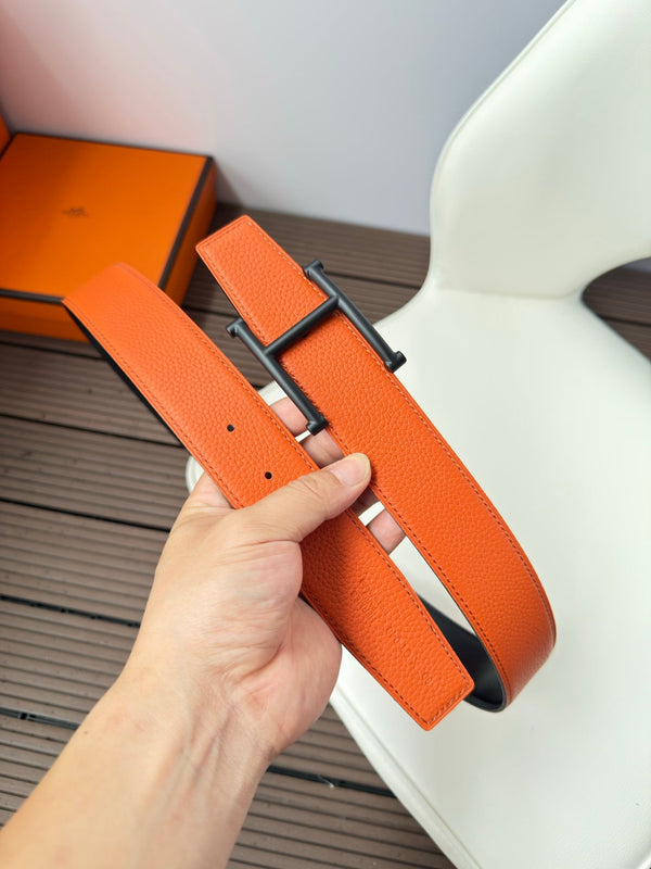 H JUMPING BELT 38MM BLACK BUCKLE & REVERSIBLE ORANGE AND BLACK LEATHER