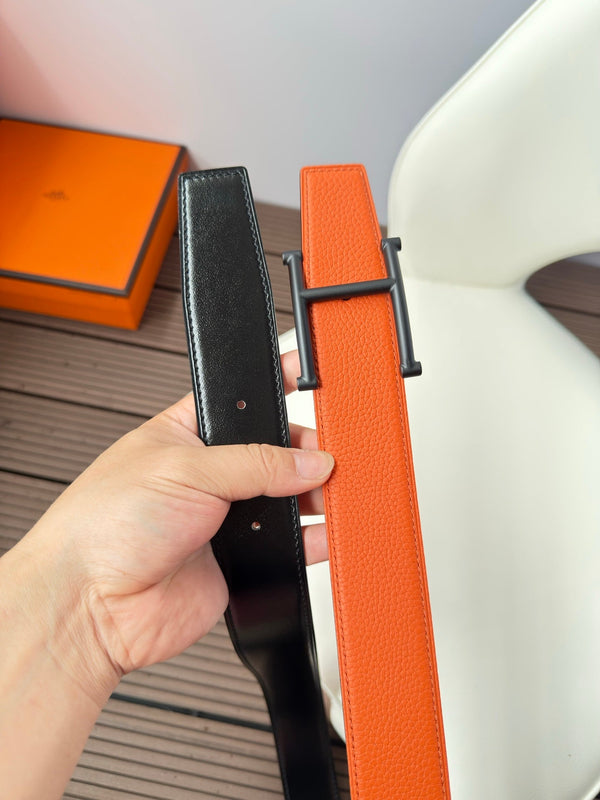 H JUMPING BELT 38MM BLACK BUCKLE & REVERSIBLE ORANGE AND BLACK LEATHER