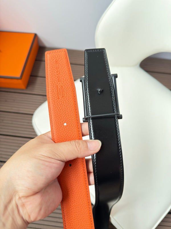 H JUMPING BELT 38MM BLACK BUCKLE & REVERSIBLE ORANGE AND BLACK LEATHER