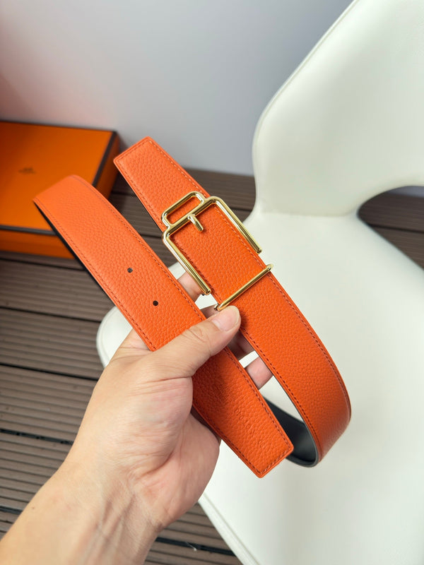 H VOLTE-FACE BELT 38MM GOLD BUCKLE & REVERSIBLE ORANGE AND BLACK LEATHER