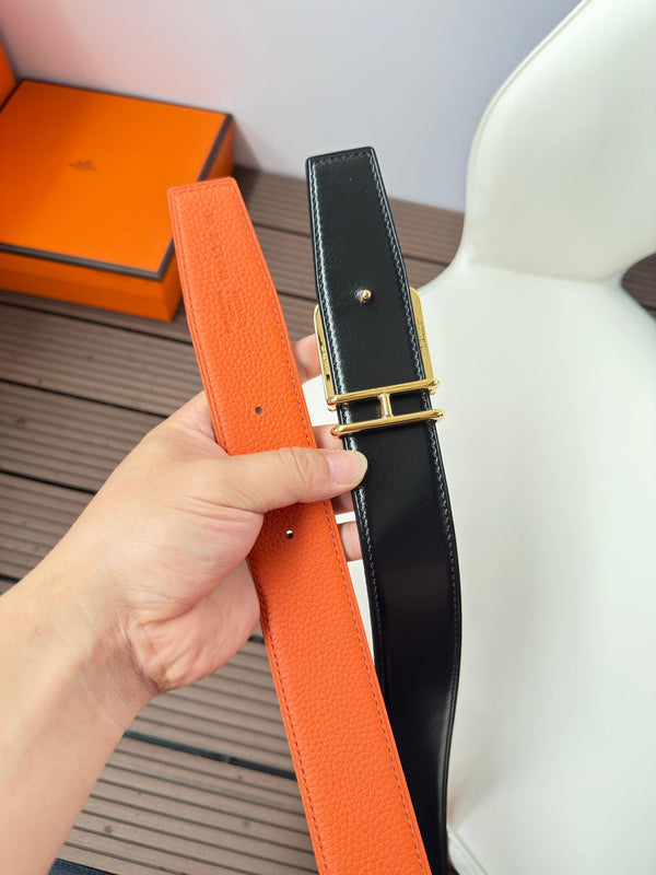 H VOLTE-FACE BELT 38MM GOLD BUCKLE & REVERSIBLE ORANGE AND BLACK LEATHER