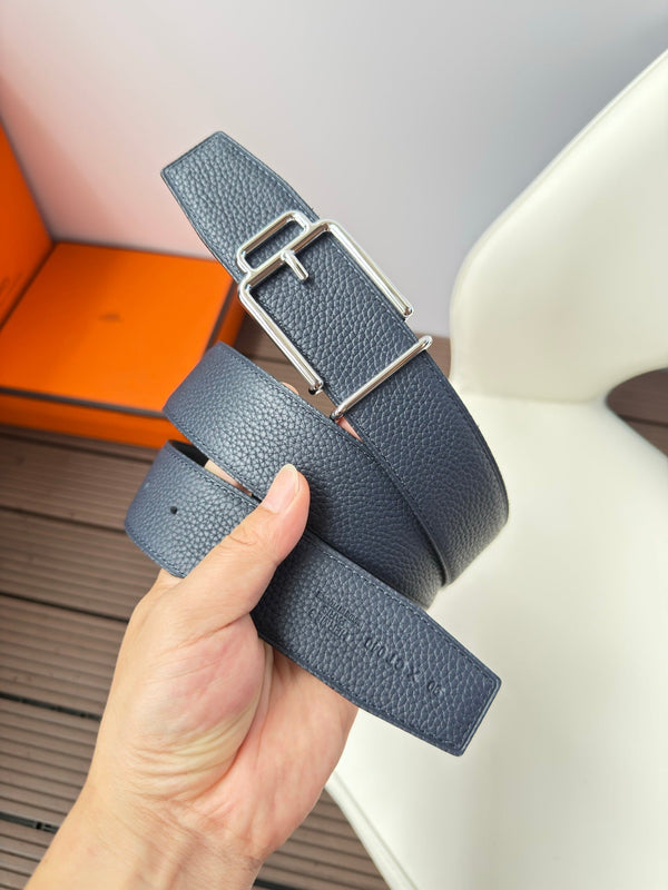 H VOLTE-FACE BELT 38MM SILVER BUCKLE & REVERSIBLE NAVY BLUE AND BLACK LEATHER