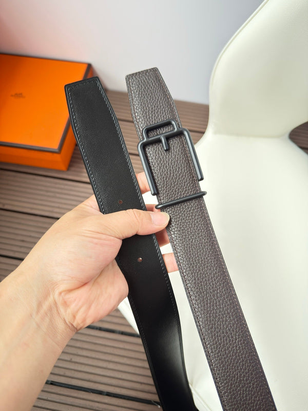 H VOLTE-FACE BELT 38MM BLACK BUCKLE & REVERSIBLE CHOCOLATE AND BLACK LEATHER