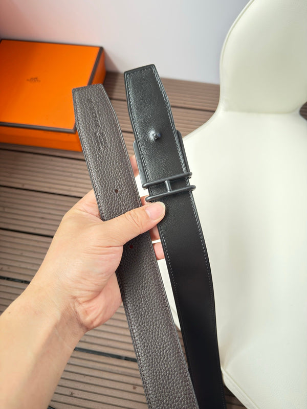 H VOLTE-FACE BELT 38MM BLACK BUCKLE & REVERSIBLE CHOCOLATE AND BLACK LEATHER