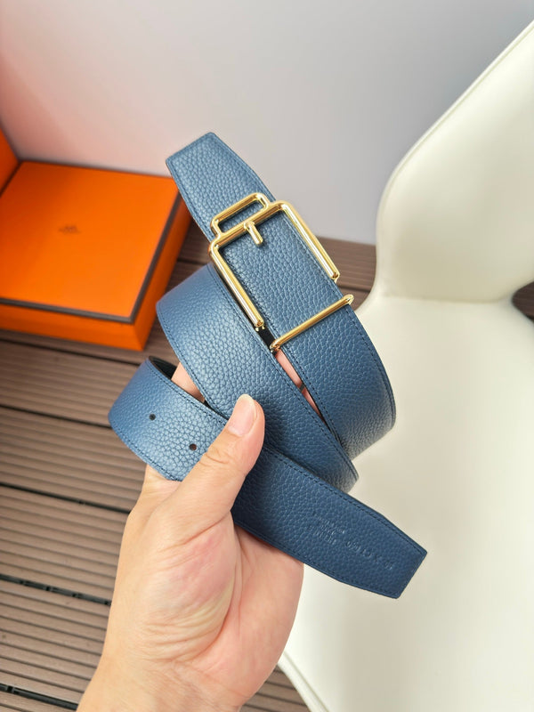 H VOLTE-FACE BELT 38MM GOLD BUCKLE & REVERSIBLE BLUE AND BLACK LEATHER