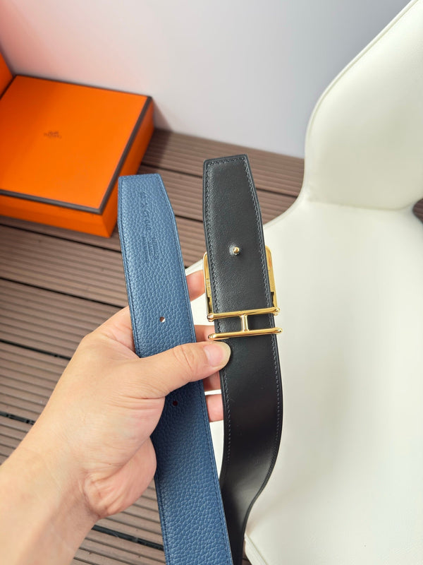 H VOLTE-FACE BELT 38MM GOLD BUCKLE & REVERSIBLE BLUE AND BLACK LEATHER