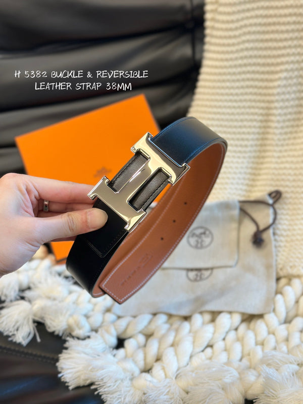 H 5382 CINTURA 38MM FIBBIA ARGENTO E PELLE REVERSIBILE MARRONE E NERA