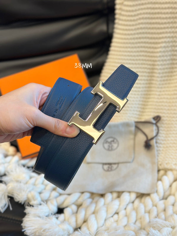 H 5382 BELT 38MM SILVER BUCKLE & REVERSIBLE BLUE AND BLACK LEATHER