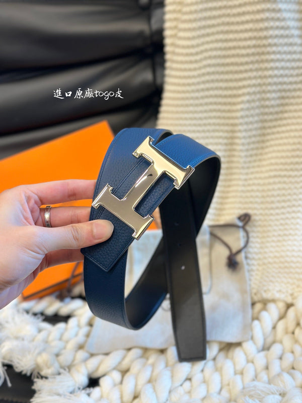 H 5382 BELT 38MM SILVER BUCKLE & REVERSIBLE BLUE AND BLACK LEATHER