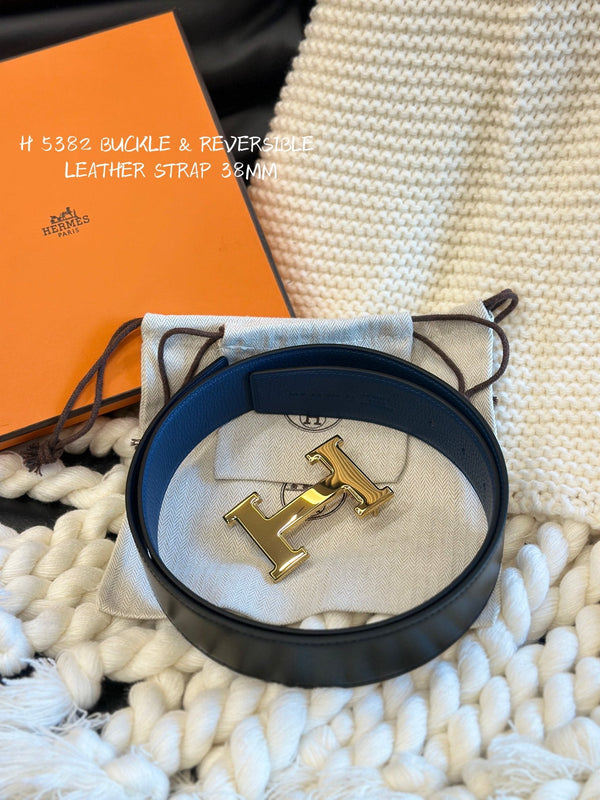 H 5382 BELT 38MM GOLD BUCKLE & REVERSIBLE BLUE AND BLACK LEATHER