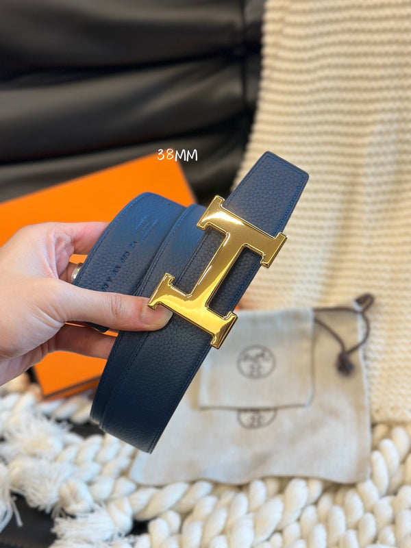 H 5382 BELT 38MM GOLD BUCKLE & REVERSIBLE BLUE AND BLACK LEATHER