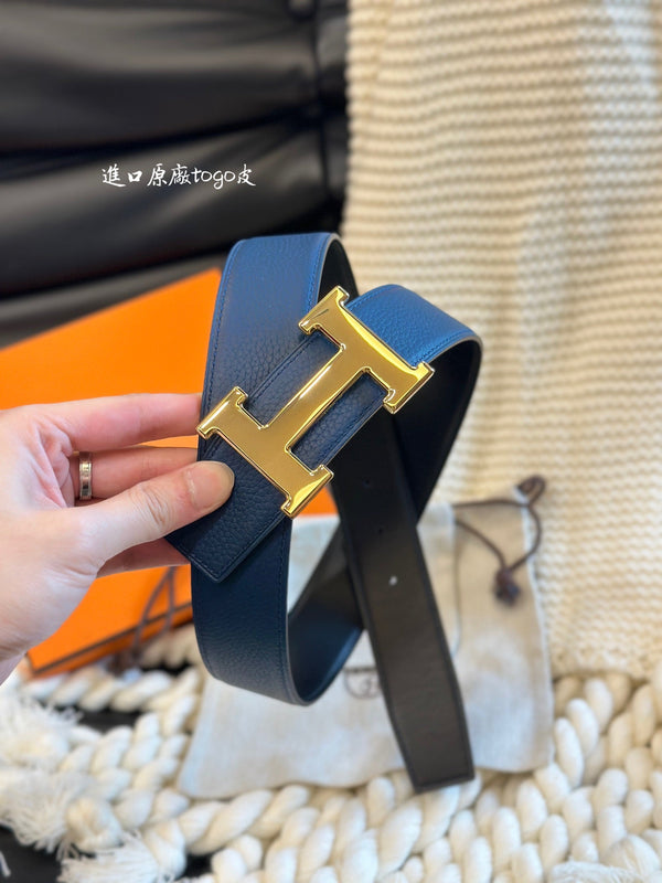 H 5382 BELT 38MM GOLD BUCKLE & REVERSIBLE BLUE AND BLACK LEATHER