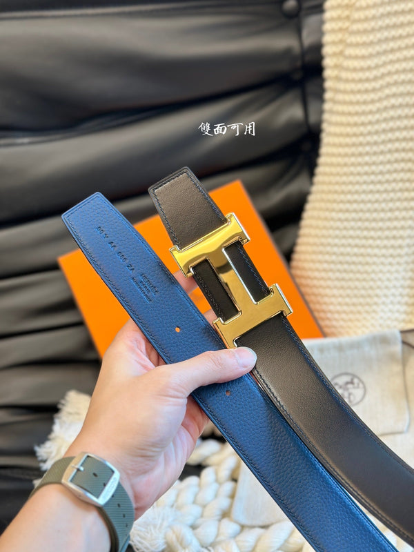 H 5382 BELT 38MM GOLD BUCKLE & REVERSIBLE BLUE AND BLACK LEATHER