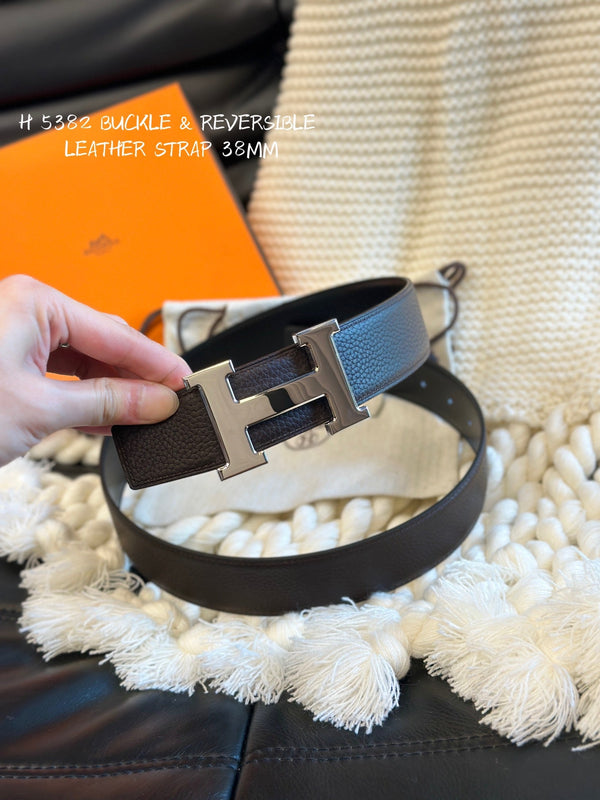 H 5382 BELT 38MM SILVER BUCKLE & REVERSIBLE CHOCOLATE AND BLACK LEATHER
