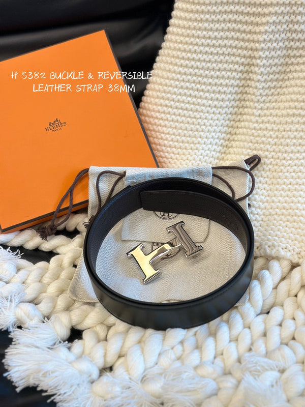 H 5382 BELT 38MM SILVER BUCKLE & REVERSIBLE CHOCOLATE AND BLACK LEATHER