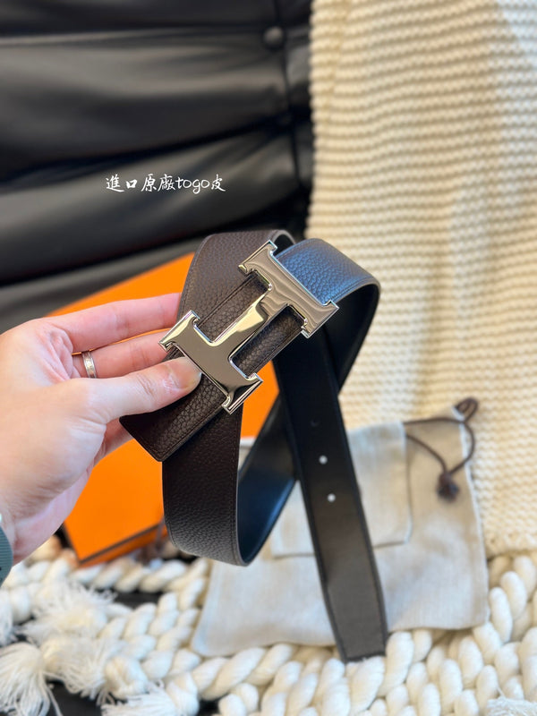 H 5382 BELT 38MM SILVER BUCKLE & REVERSIBLE CHOCOLATE AND BLACK LEATHER