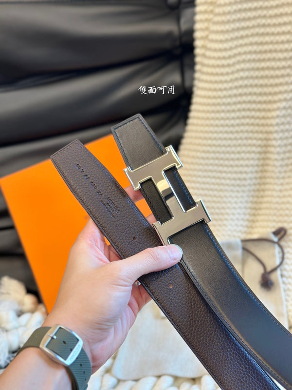 H 5382 BELT 38MM SILVER BUCKLE & REVERSIBLE CHOCOLATE AND BLACK LEATHER