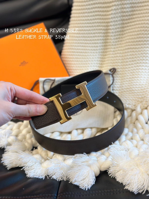 H 5382 BELT 38MM GOLD BUCKLE & REVERSIBLE CHOCOLATE AND BLACK LEATHER