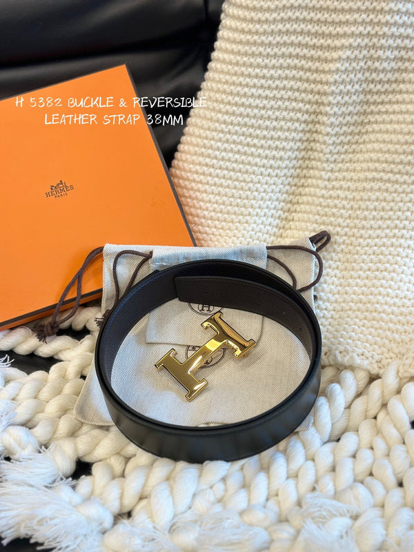 H 5382 BELT 38MM GOLD BUCKLE & REVERSIBLE CHOCOLATE AND BLACK LEATHER