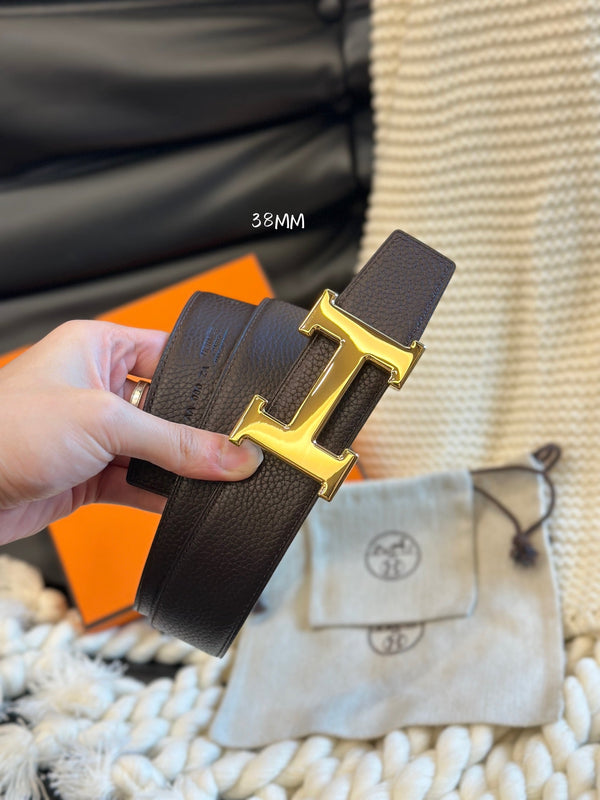 H 5382 BELT 38MM GOLD BUCKLE & REVERSIBLE CHOCOLATE AND BLACK LEATHER