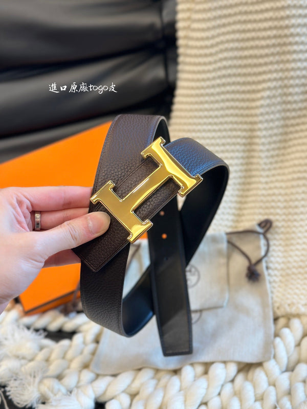 H 5382 BELT 38MM GOLD BUCKLE & REVERSIBLE CHOCOLATE AND BLACK LEATHER