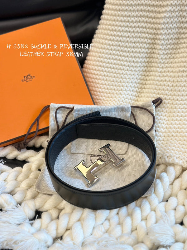 H 5382 BELT 38MM SILVER BUCKLE & REVERSIBLE BLACK LEATHER