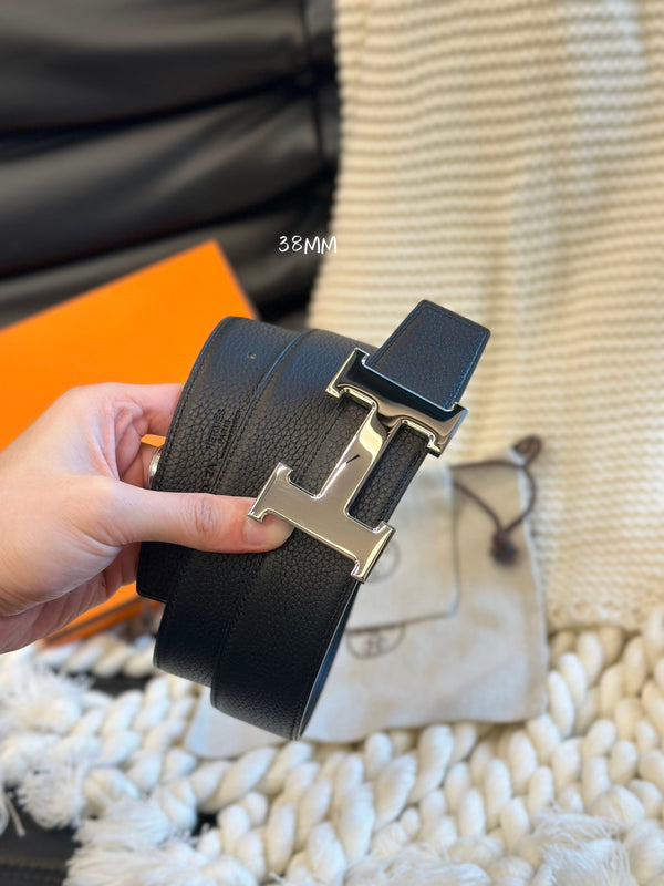 H 5382 BELT 38MM SILVER BUCKLE & REVERSIBLE BLACK LEATHER