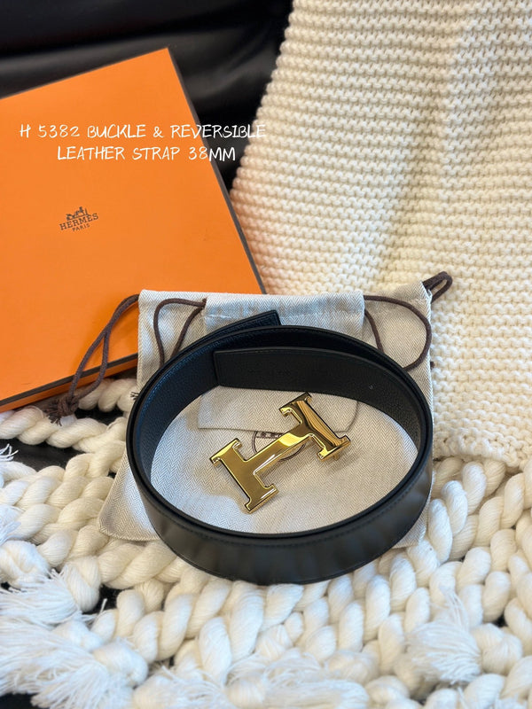 H 5382 BELT 38MM GOLD BUCKLE & REVERSIBLE BLACK LEATHER