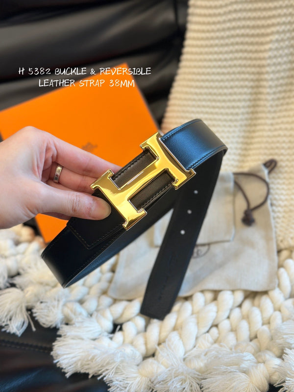H 5382 BELT 38MM GOLD BUCKLE & REVERSIBLE BLACK LEATHER