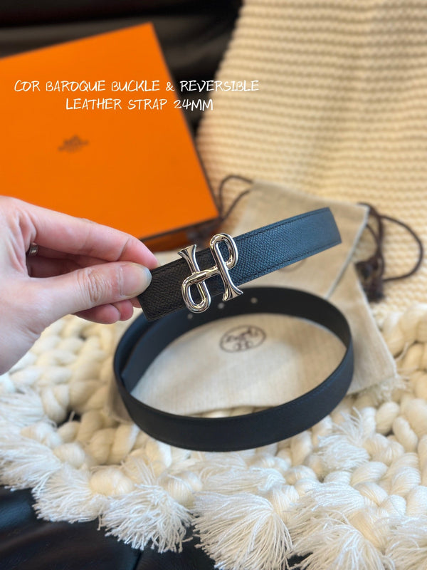 H COR BAROQUE BELT 24MM SILVER BUCKLE & REVERSIBLE BLACK LEATHER