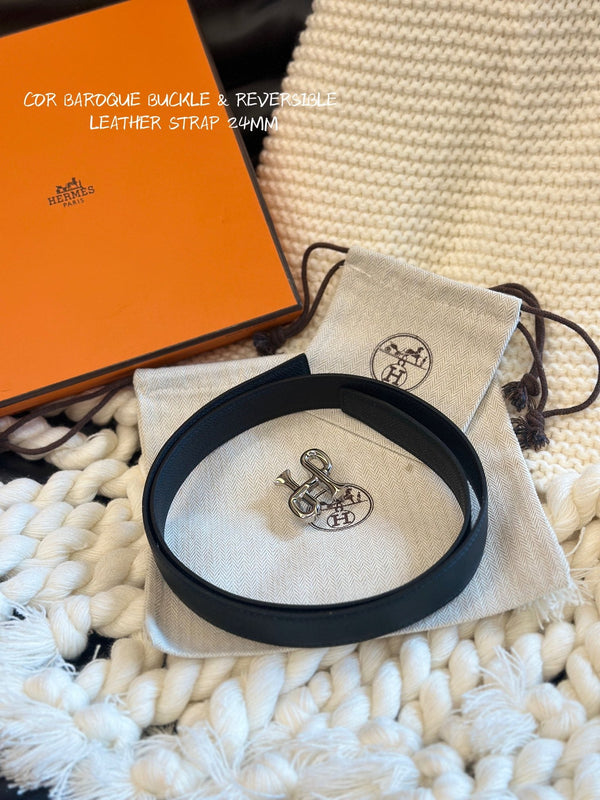 H COR BAROQUE BELT 24MM SILVER BUCKLE & REVERSIBLE BLACK LEATHER