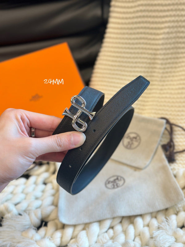 H COR BAROQUE BELT 24MM SILVER BUCKLE & REVERSIBLE BLACK LEATHER