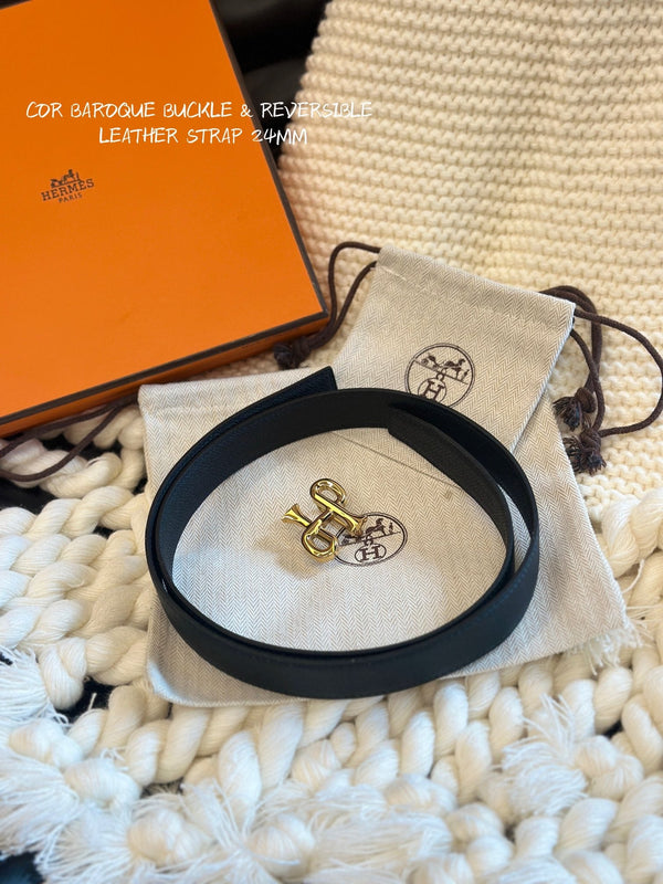 H COR BAROQUE BELT 24MM GOLD BUCKLE & REVERSIBLE BLACK LEATHER