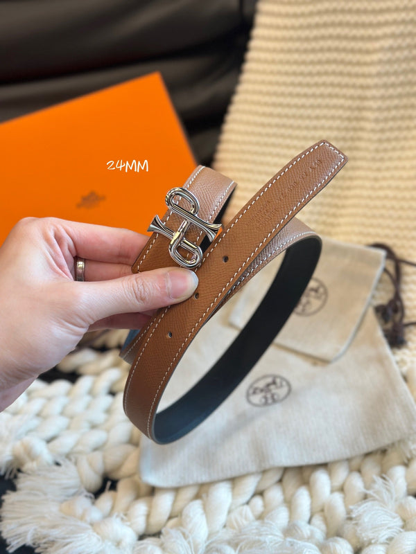 CINTURA BAROCCA H COR 24MM FIBBIA ARGENTO E PELLE REVERSIBILE MARRONE E NERA