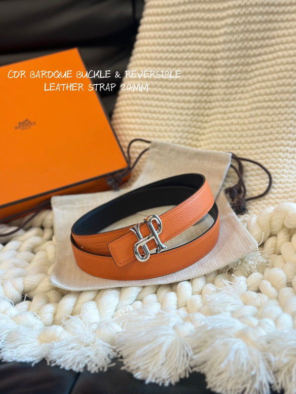 H COR BAROQUE BELT 24MM SILVER BUCKLE & REVERSIBLE ORANGE AND BLACK LEATHER