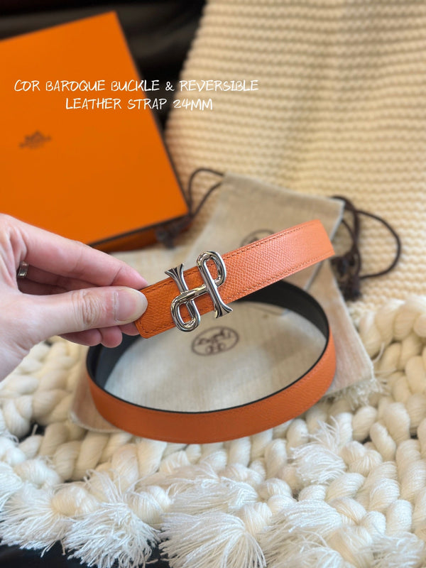 H COR BAROQUE BELT 24MM SILVER BUCKLE & REVERSIBLE ORANGE AND BLACK LEATHER