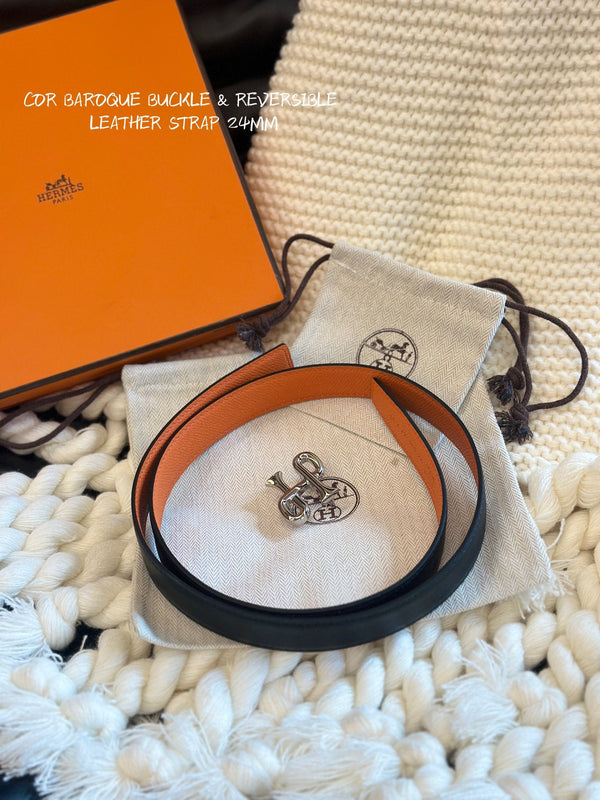 H COR BAROQUE BELT 24MM SILVER BUCKLE & REVERSIBLE ORANGE AND BLACK LEATHER