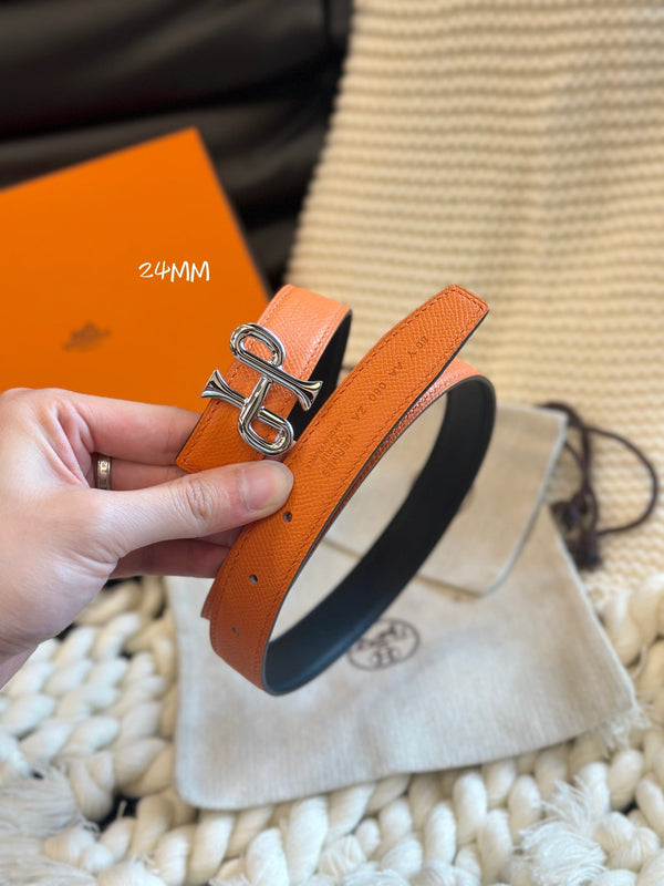 H COR BAROQUE BELT 24MM SILVER BUCKLE & REVERSIBLE ORANGE AND BLACK LEATHER